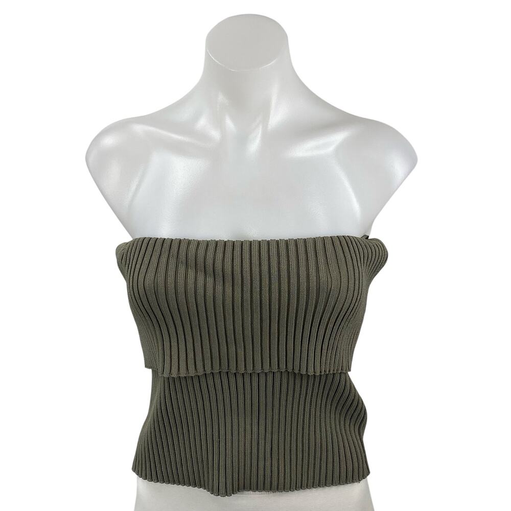 Zara Women's Green Ribbed Knit Sleeveless Strapless Tube Bandeau Slim Crop Top L